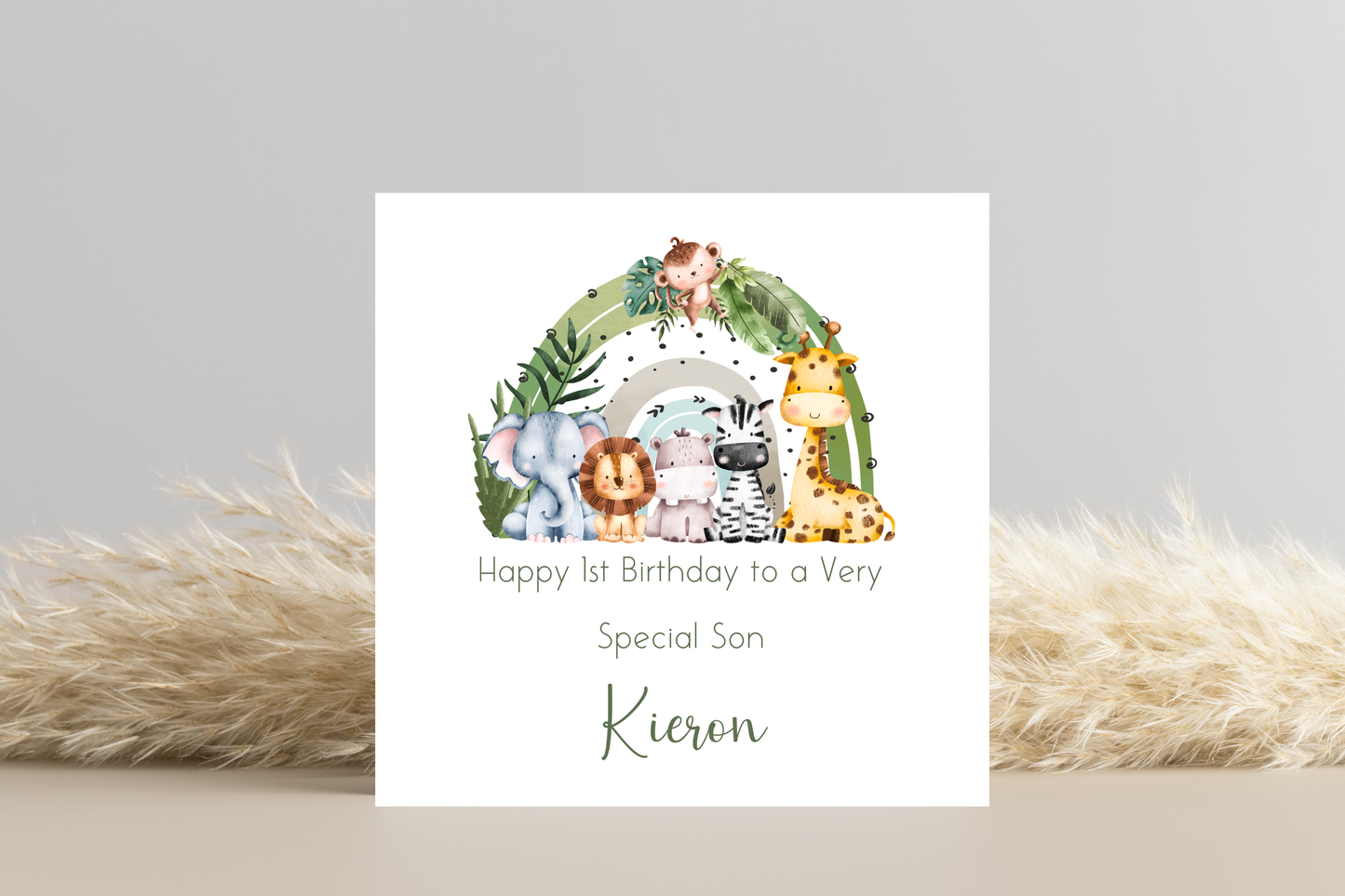 Personalised Jungle Animal Rainbow Birthday Card