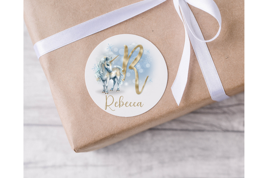 Personalised Unicorn Initial Christmas Present Labels - 12 per sheet