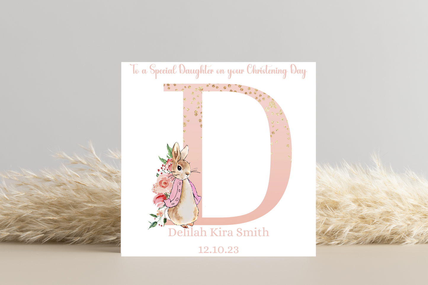 Peter Rabbit Pink Christening Card- Personalised Initial Name and Date