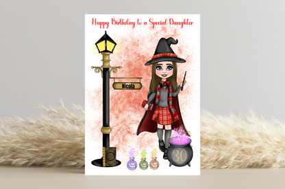 Personalised Wizard School Girl in Red Uniform Birthday Card - Customised look