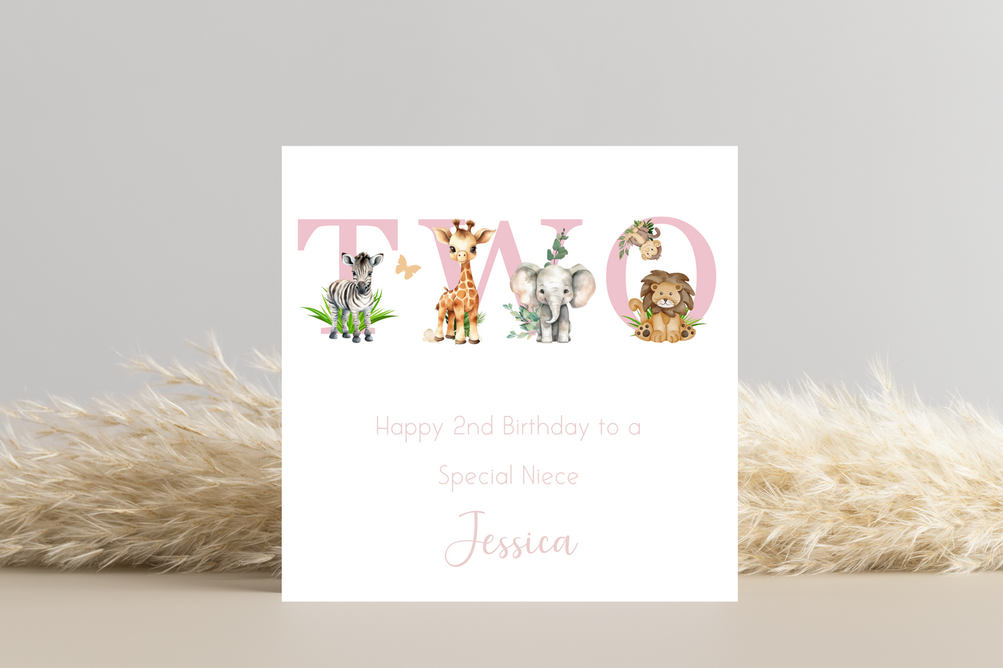 Personalised Jungle Animal Pink Birthday card