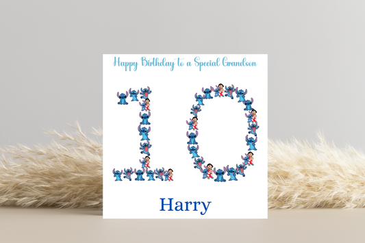 Stitch-Inspired 10th Birthday Greeting Card - Personalised with Number 10 Design