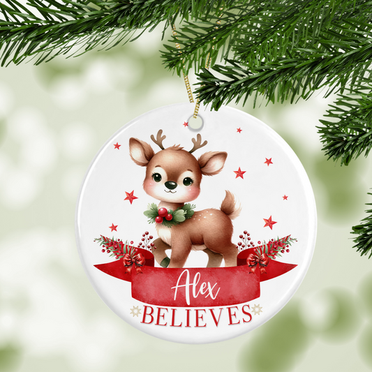 Personalised Believes Reindeer Christmas Tree Decoration