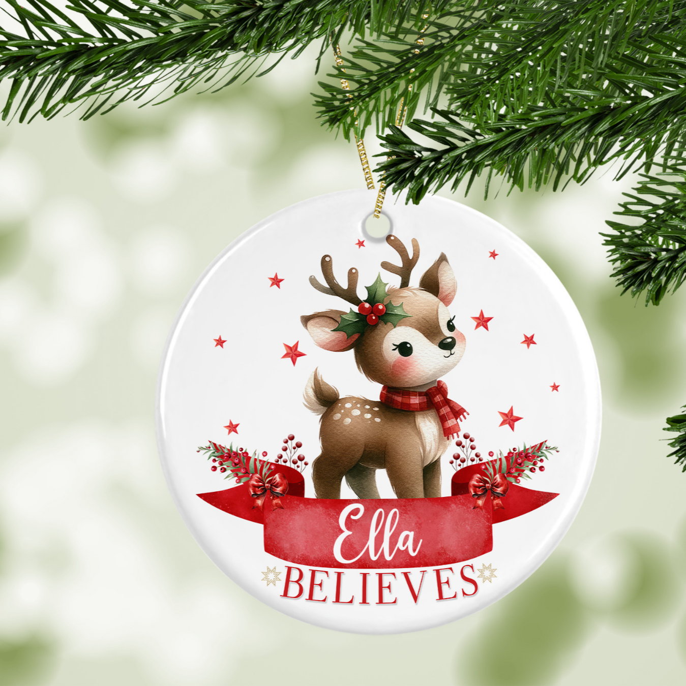 Personalised Believes Reindeer Christmas Tree Decoration