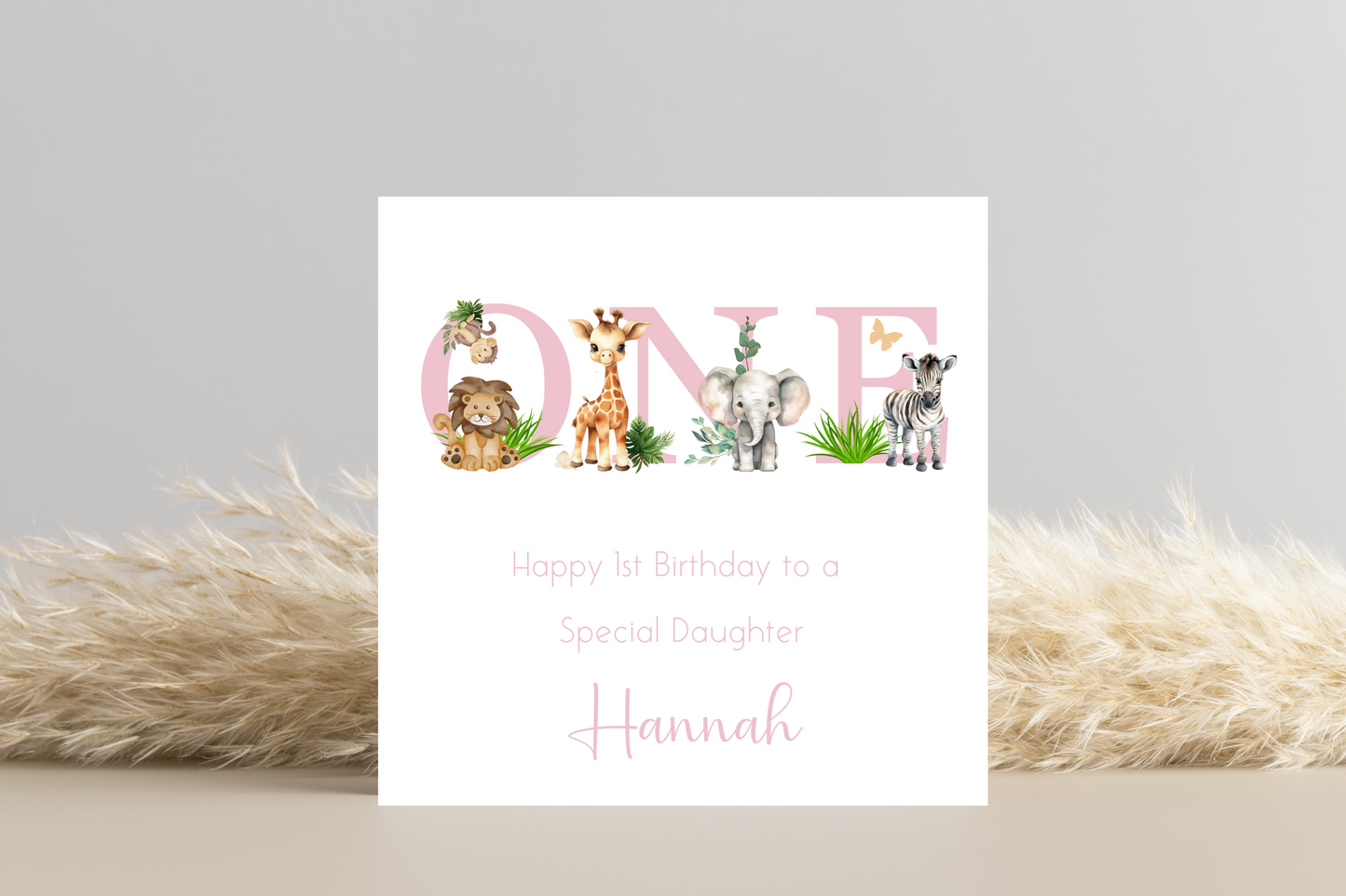 Personalised Jungle Animal Pink Birthday card