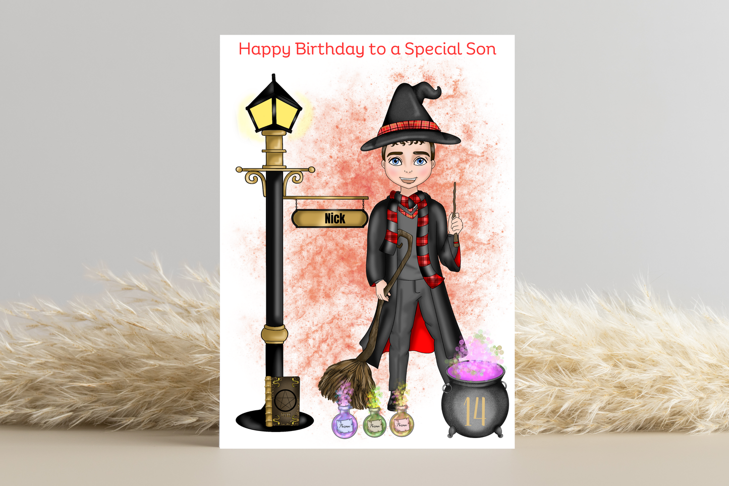 Personalised Wizard School Boy in Red Uniform Birthday Card - Customised look