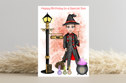 Personalised Wizard School Boy in Red Uniform Birthday Card - Customised look