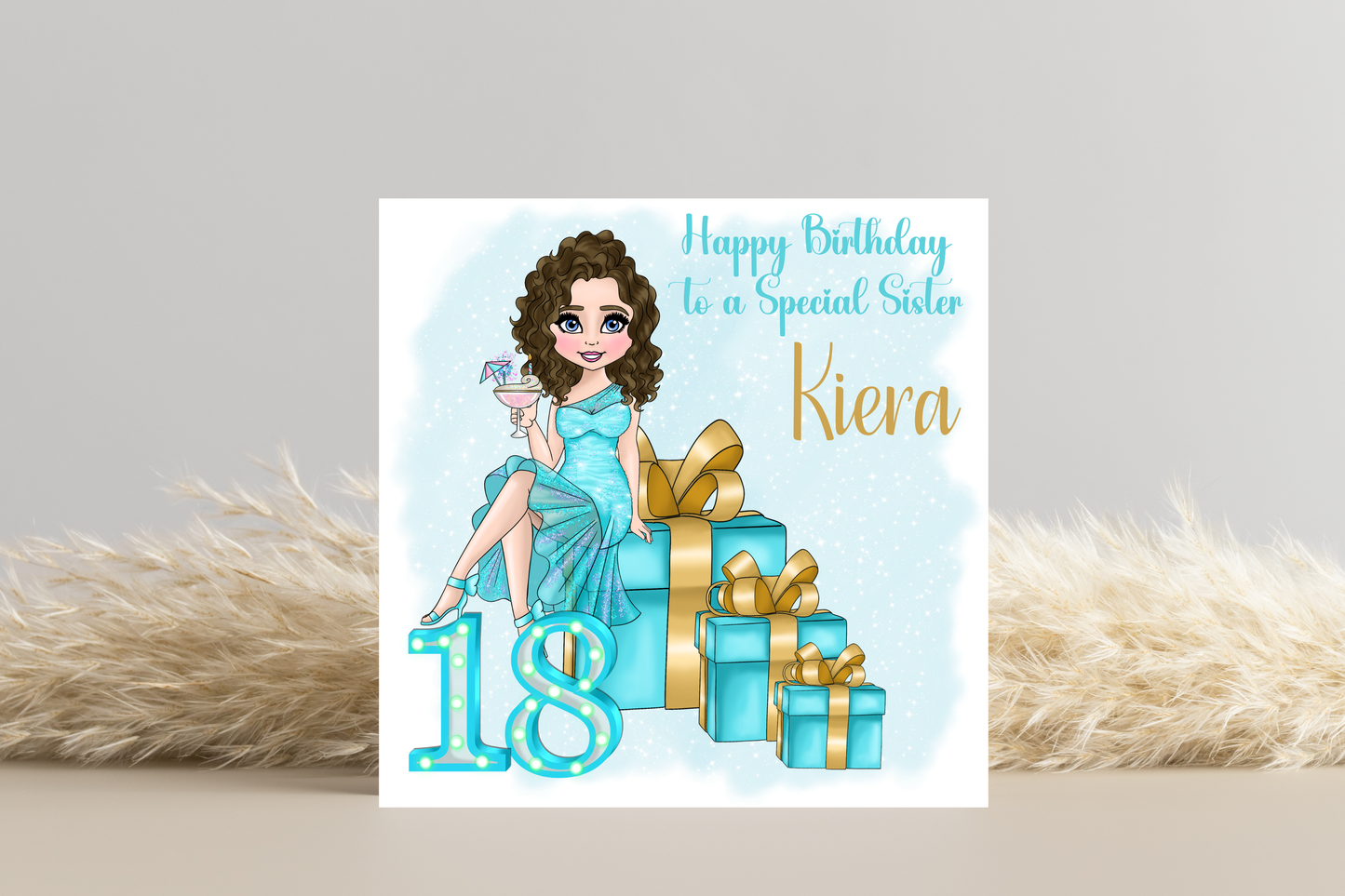 18th Birthday Card Personalised- Lady in Blue Dress Sitting on Glittering Presents