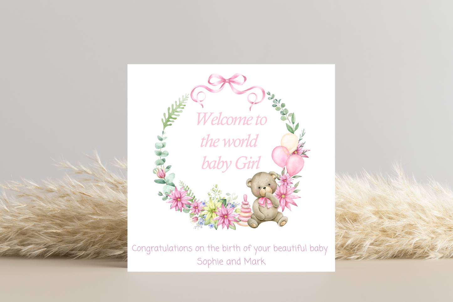 Personalised Congratulations Card for Baby Boy/Girl Floral Hoop