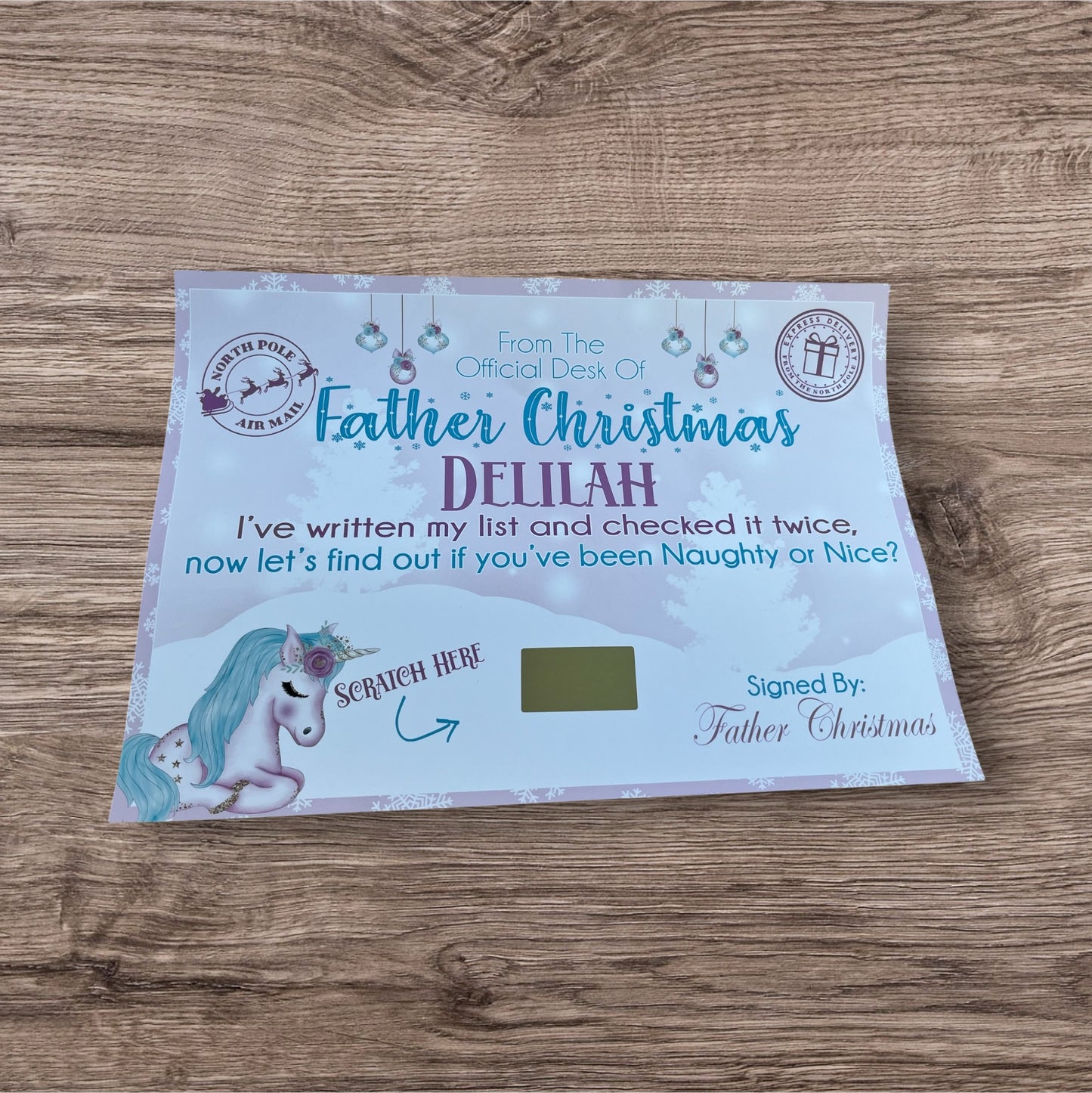 Personalised Unicorn Nice / Naughty List scratch Certificate