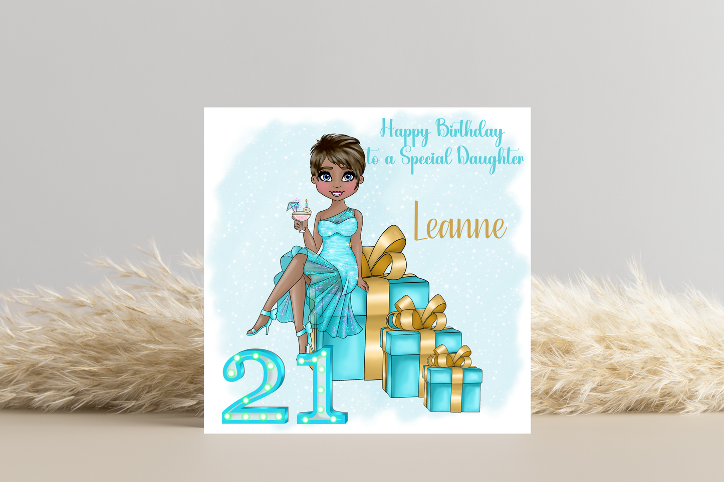 21st Birthday Card Personalised- Lady in Blue Dress Sitting on Glittering Presents