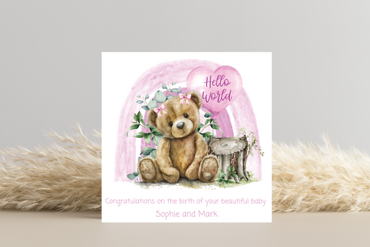 Hello World Teddy Bear New Baby Personalised Card