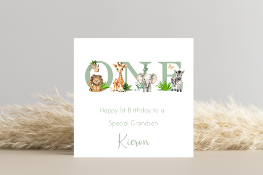 Personalised Jungle Animal Sage Birthday card