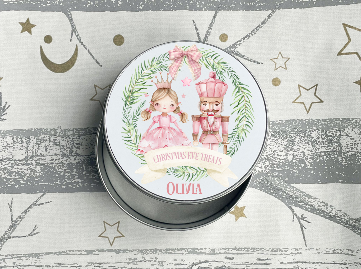 Personalised Sugarplum Fairy and Nutcracker Christmas Eve Treats Tin