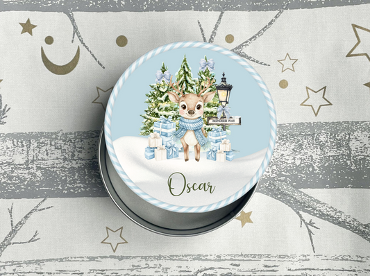 Personalised  Reindeer Christmas Treats Round Tin