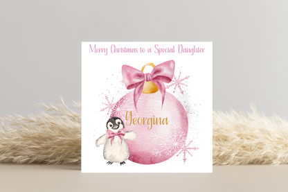 Personalised Penguin Bauble Christmas Card