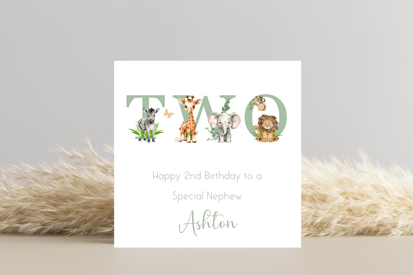 Personalised Jungle Animal Sage Birthday card