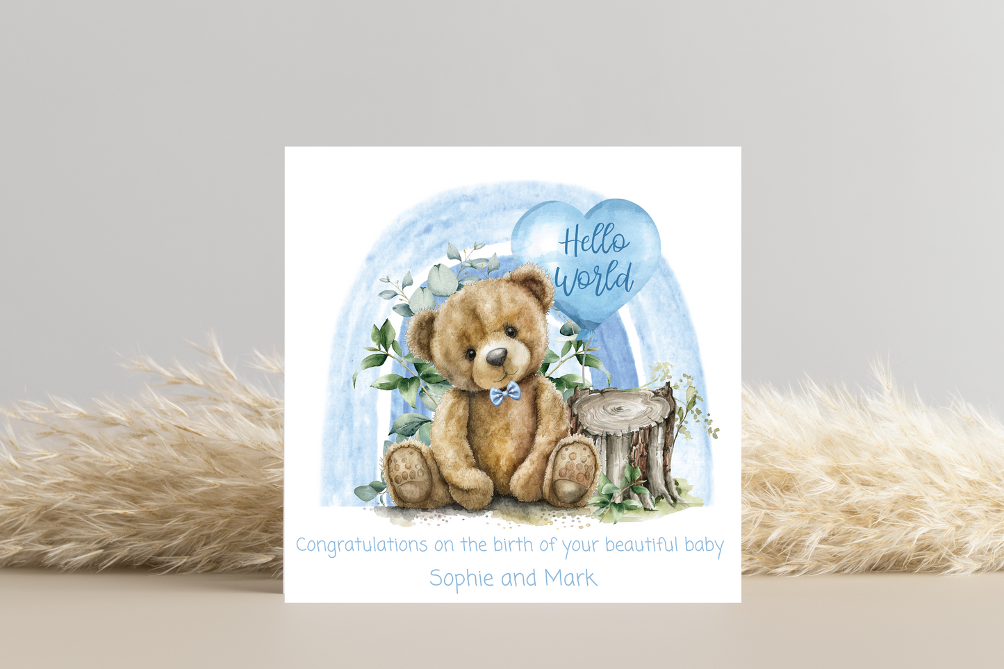 Hello World Teddy Bear New Baby Personalised Card