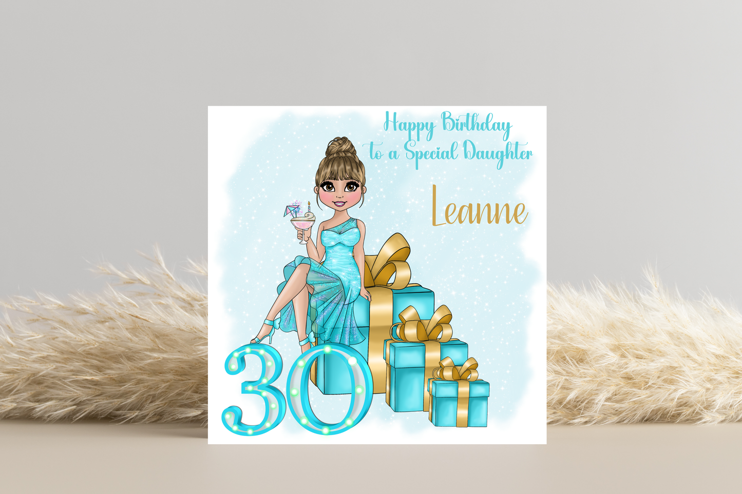 30th Birthday Card Personalised- Lady in Blue Dress Sitting on Glittering Presents