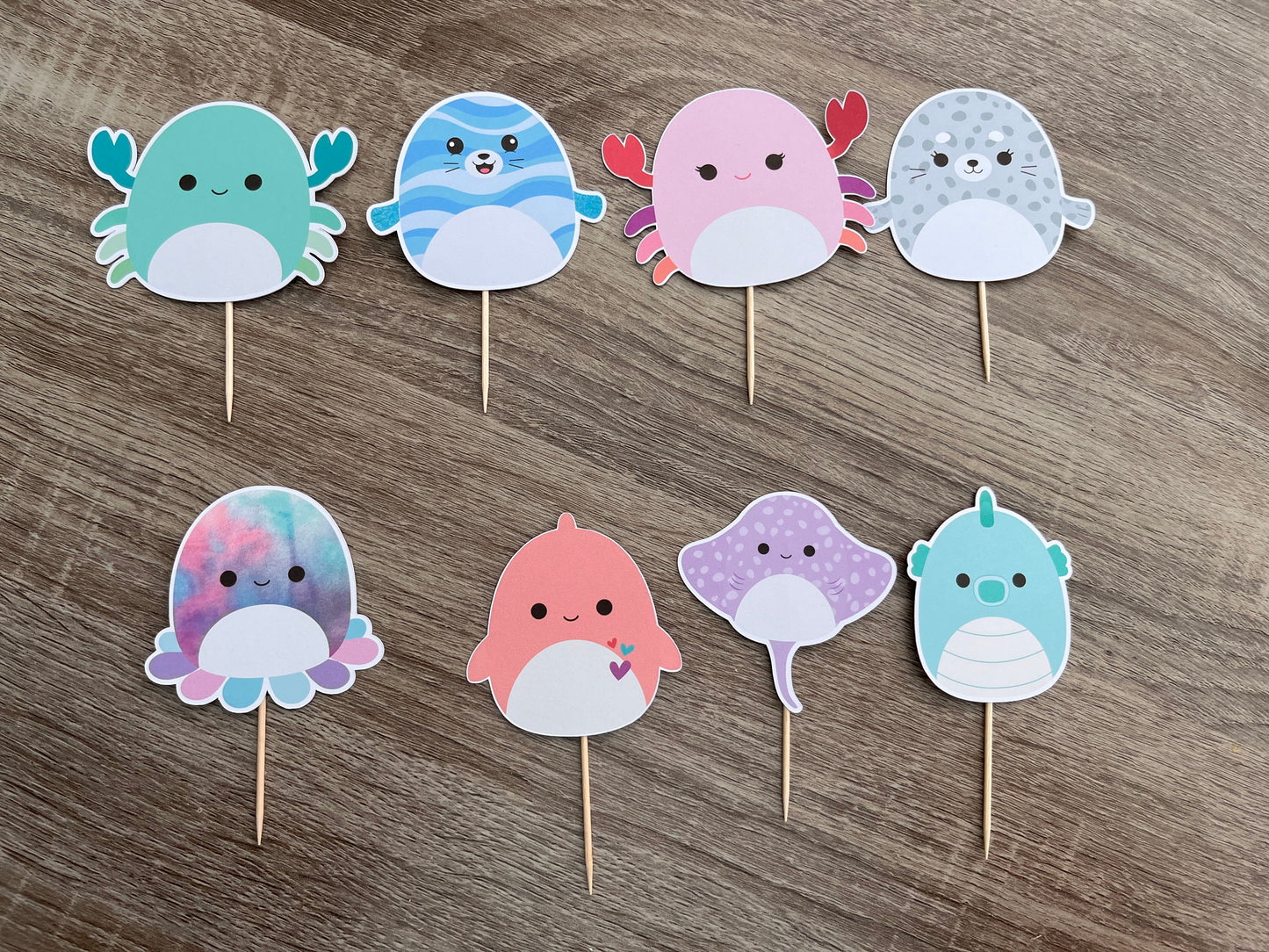 Set of 8 Sea Creature mix Squishmallows CupCake Toppers