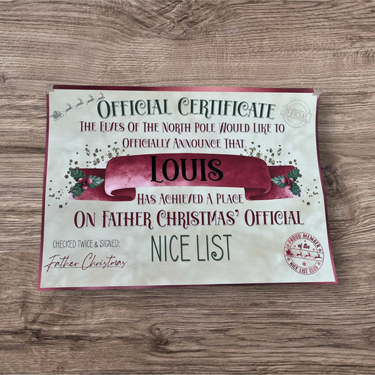 Personalised Nice List Certificate