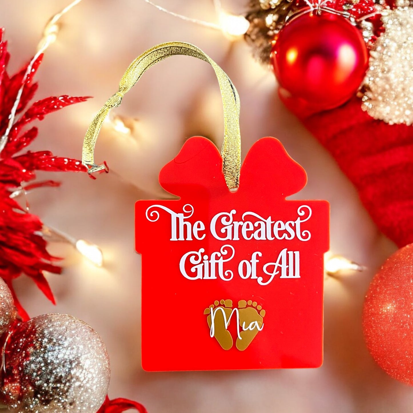 Personalised Greatest Gift of All Red Present Christmas Decoration