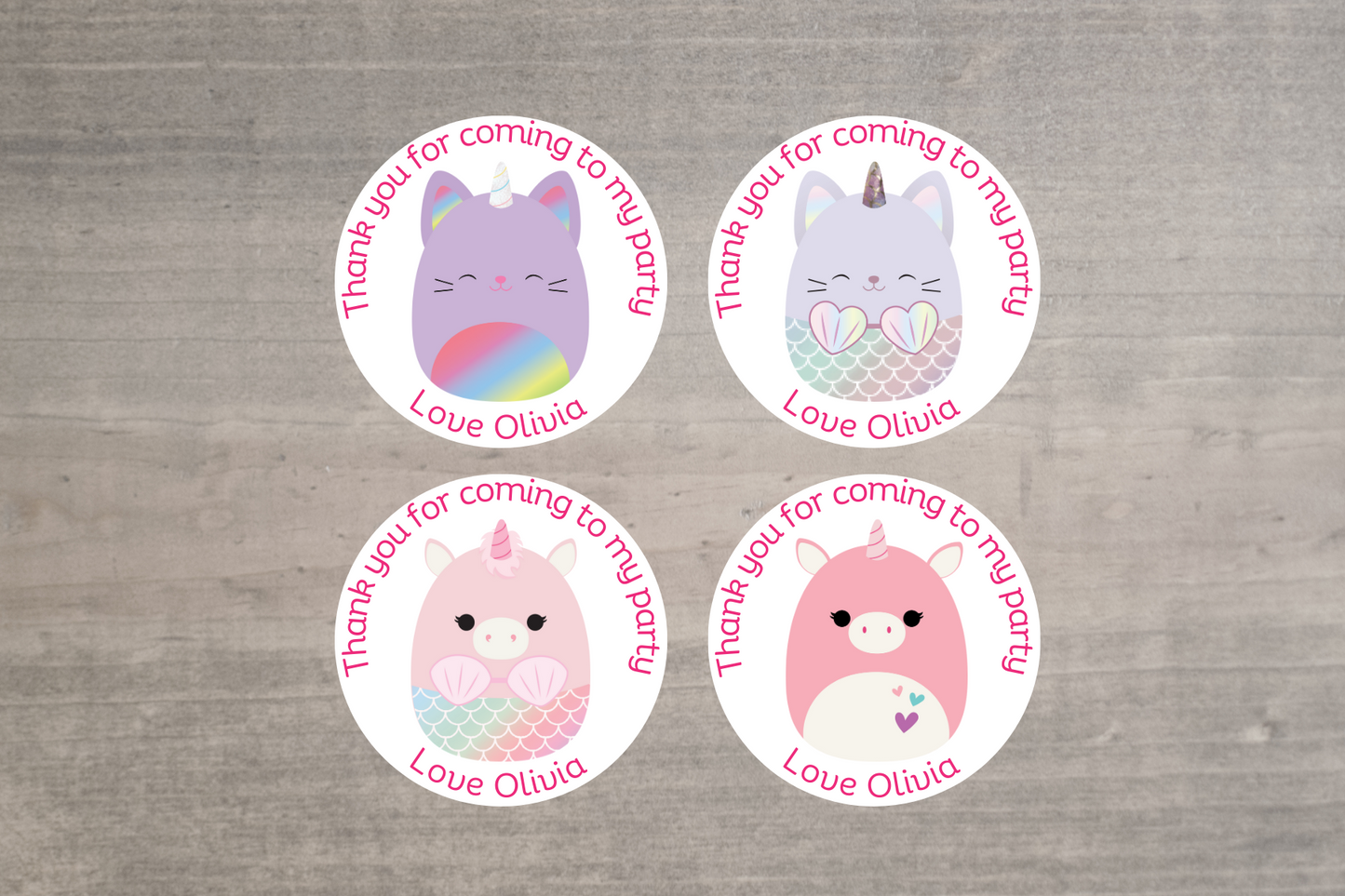 20 X Squishmallow Unicorn and Mermaid Mix Thank You For Coming To My Party Stickers