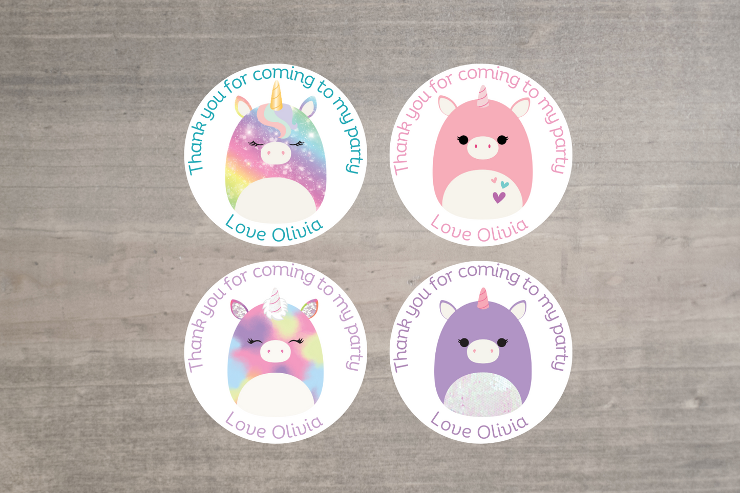 20 X Squishmallow Unicorn Mix Thank You For Coming To My Party Stickers