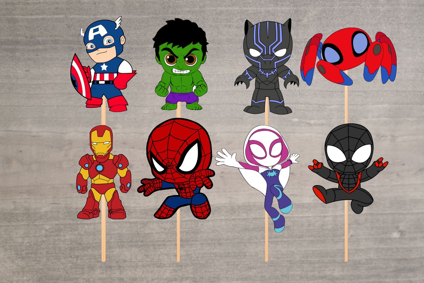 Set of 8 Spidey and friends cupcake toppers