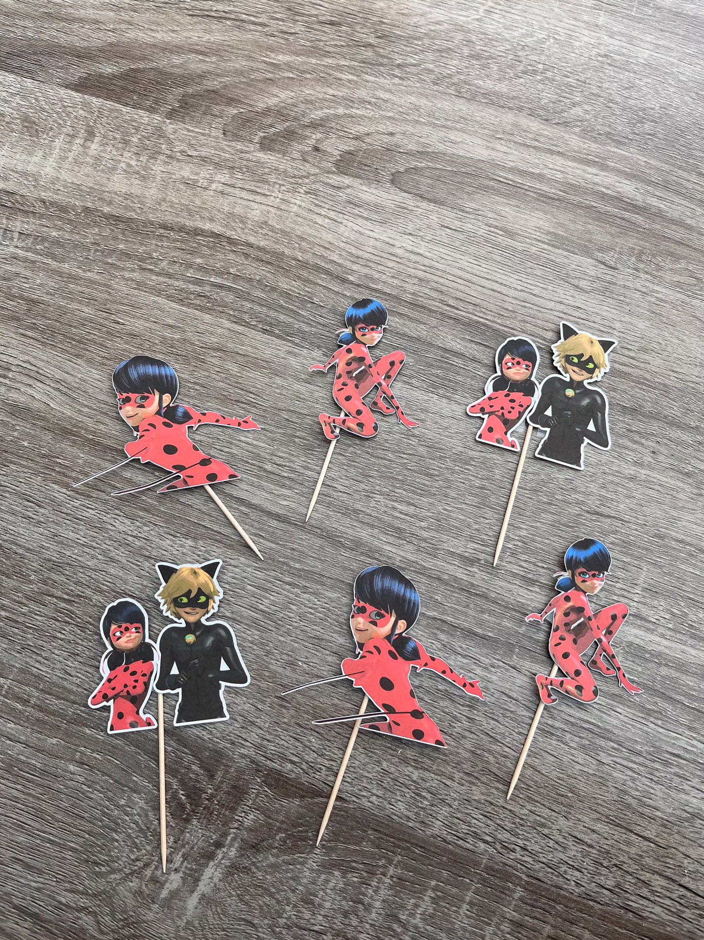 Set of 6 Miraculous Ladybug cupcake toppers