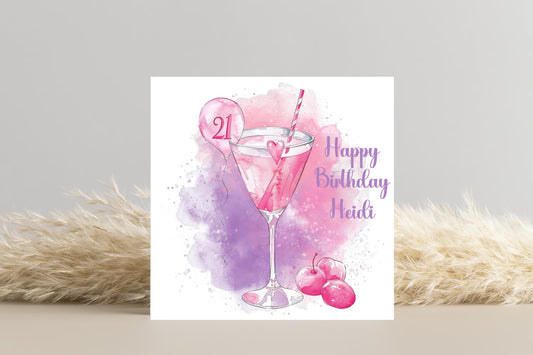 Personalised 21st Birthday Card - Pink Cocktail