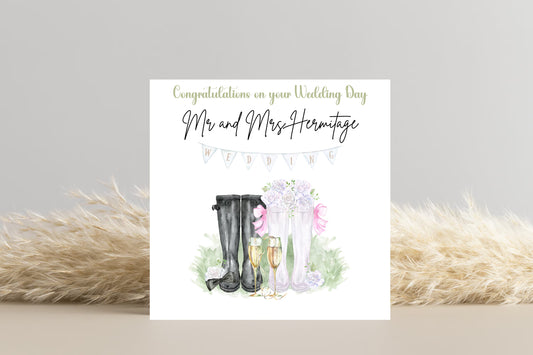 Bride and Groom Welly Boots Personalised wedding day Card