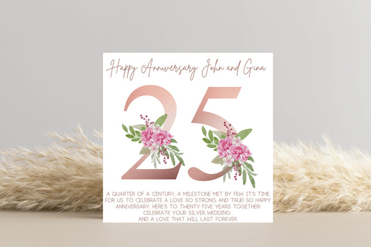 Personalised 25th Wedding Anniversary Card - Silver Wedding, Customisable, Milestone Celebration