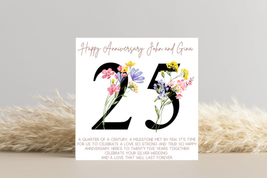 Personalised 25th Wedding Anniversary Card - Silver Wedding, Customisable, Milestone Celebration