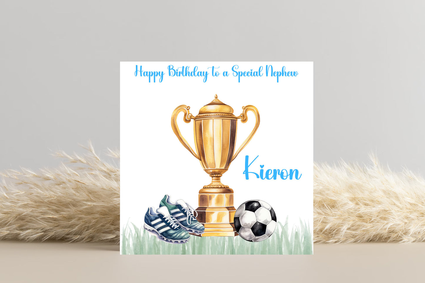 Personalised Football Themed Trophy, Ball and Boots Birthday Card