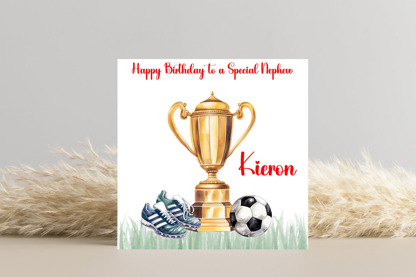 Personalised Football Themed Trophy, Ball and Boots Birthday Card