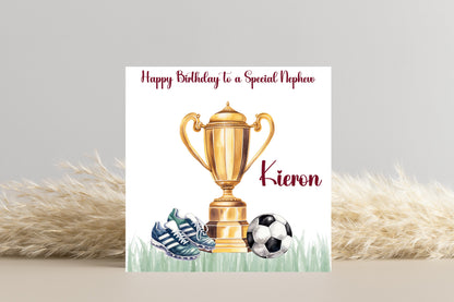 Personalised Football Themed Trophy, Ball and Boots Birthday Card