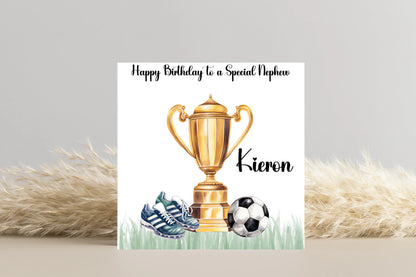 Personalised Football Themed Trophy, Ball and Boots Birthday Card