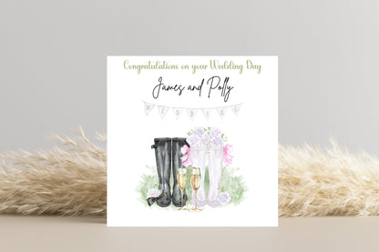 Bride and Groom Welly Boots Personalised wedding day Card