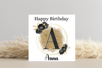 Personalised Black and Gold Initial Birthday Card