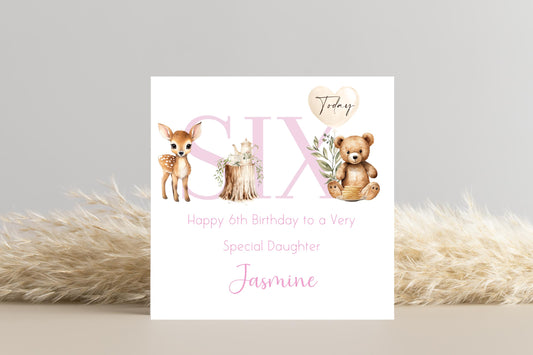 Personalised Woodland Animals 6th Birthday Card