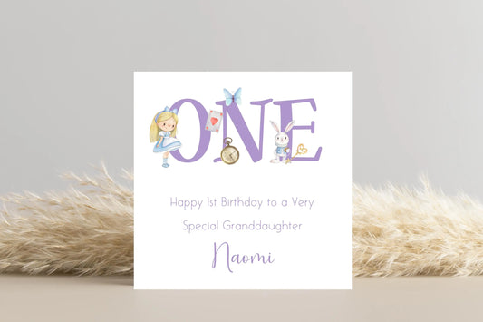 Alice in Wonderland Inspired ONE 1st Birthday Card - Personalised