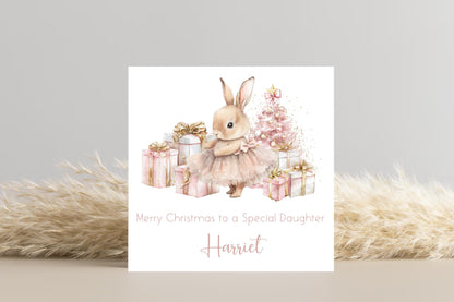 Personalised Pink Bunny Christmas Scene Christmas Card