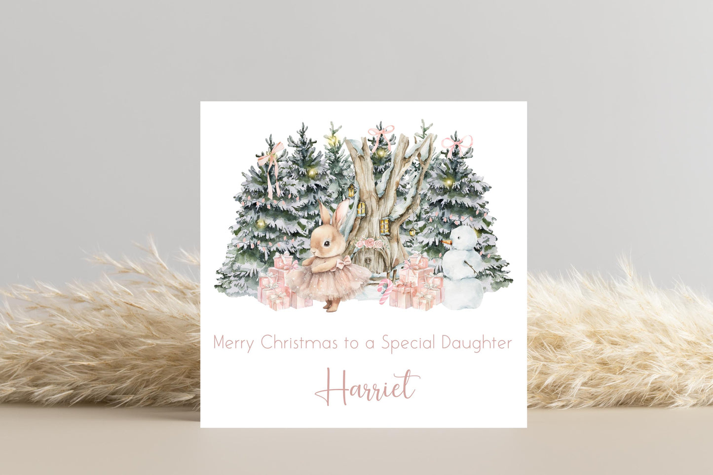 Personalised Pink Bunny Christmas Scene Christmas Card