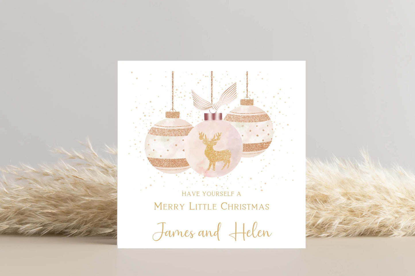 Personalised Rose Gold Reindeer Santa Claus Bauble Christmas Card