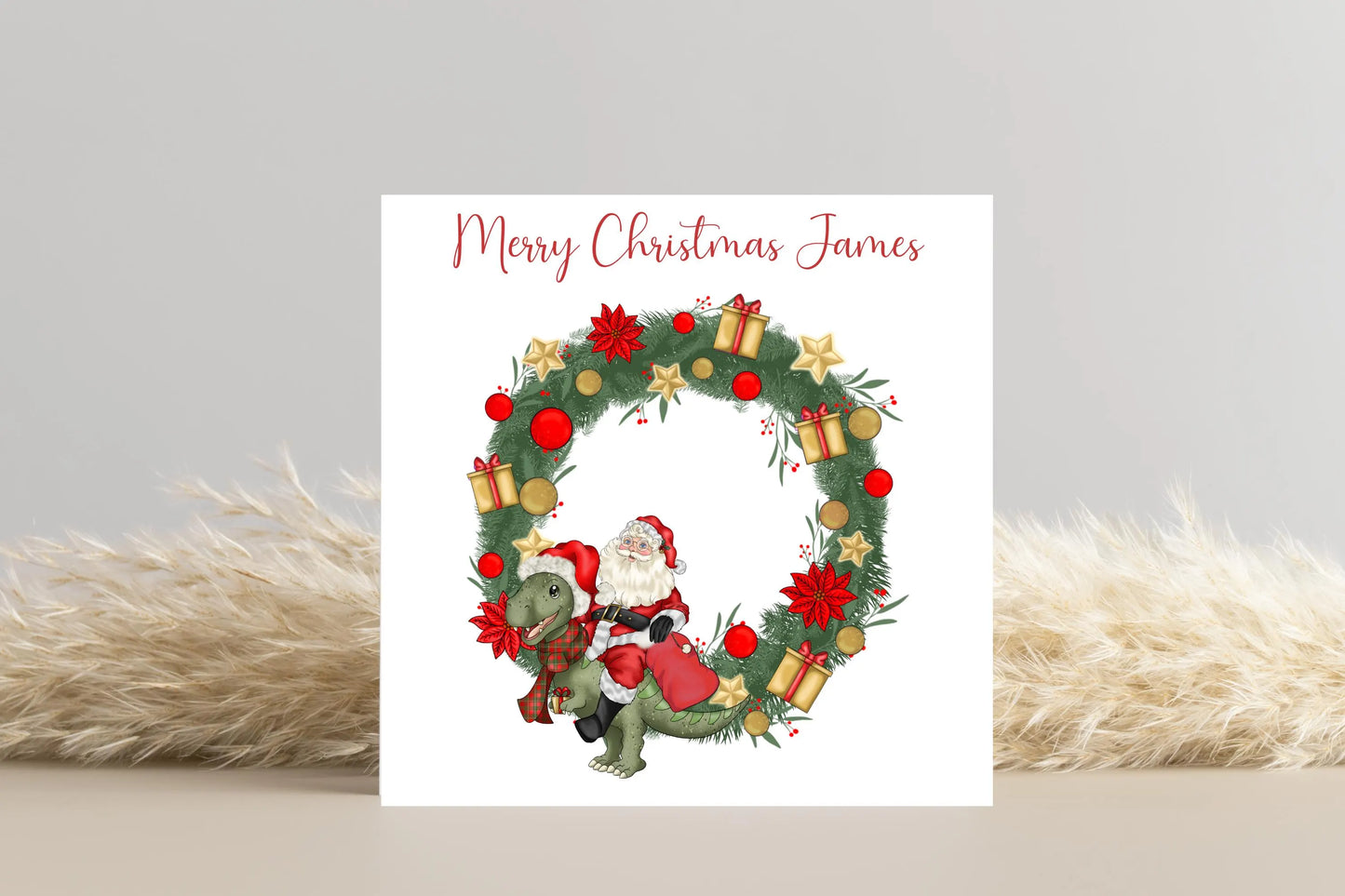 Santa riding a Dinosaur in a Wreath Christmas Card- Personalised