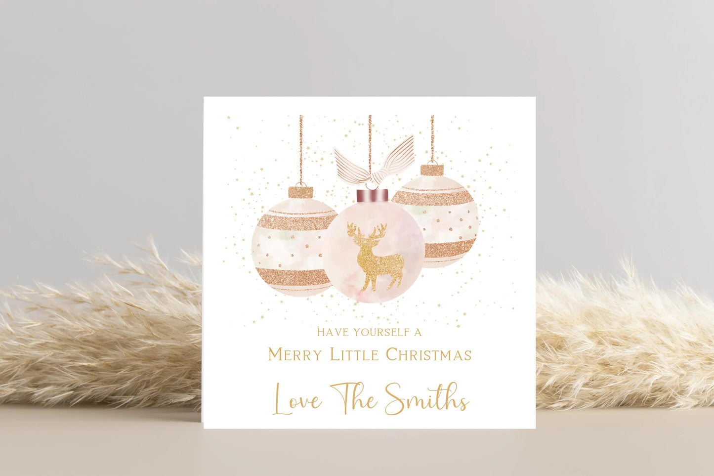 Rose Gold Reindeer Santa Claus Bauble Christmas Card