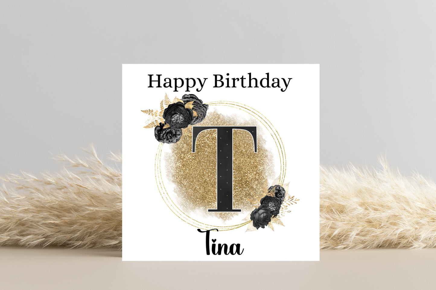 Personalised Black and Gold Initial Birthday Card