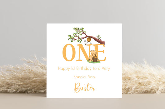 Pooh Bear Inspired ONE 1st Birthday Card - Personalised