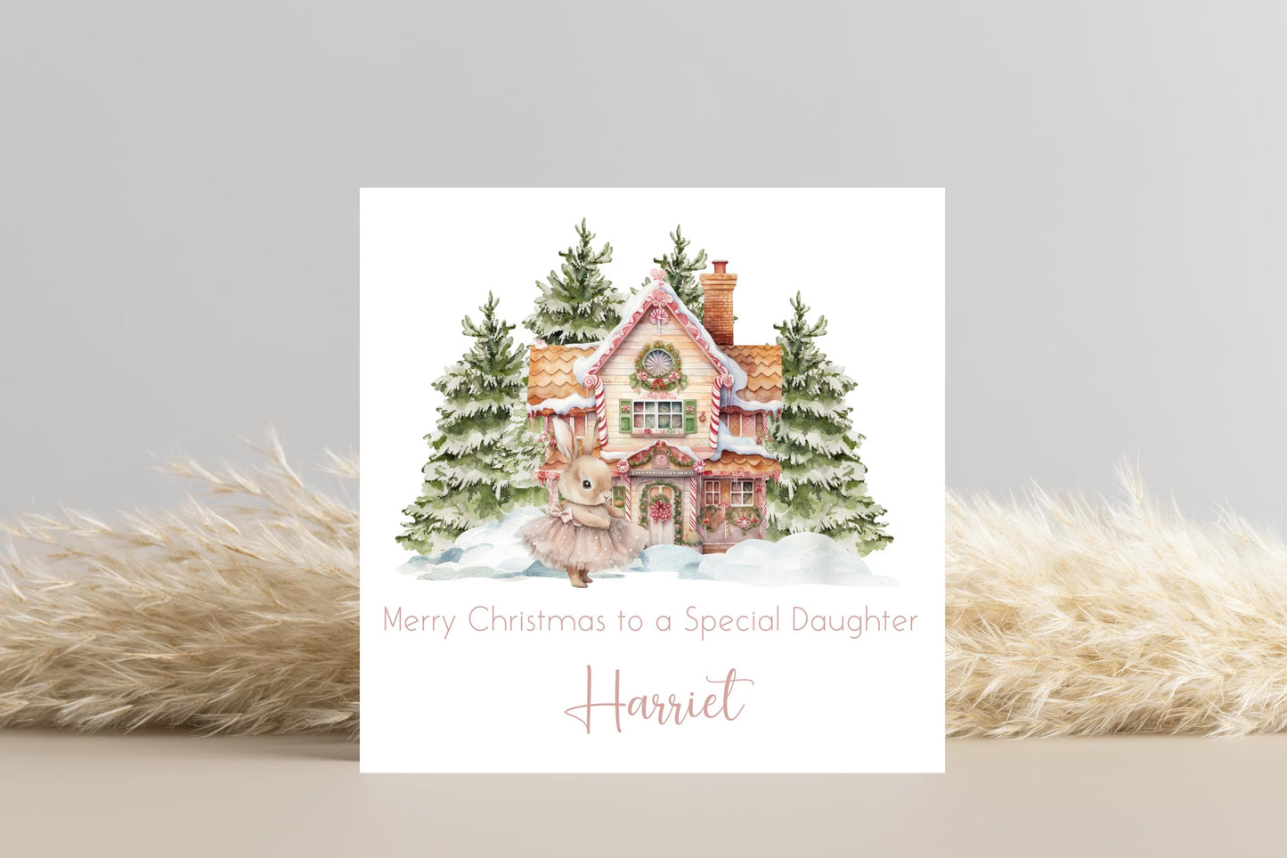 Personalised Pink Bunny Christmas Scene Christmas Card